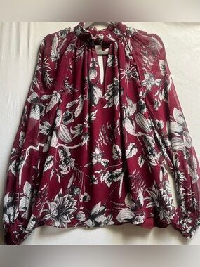 Parker Silk Floral Keyhole Chiffon Bishop Sleeve Blouse L